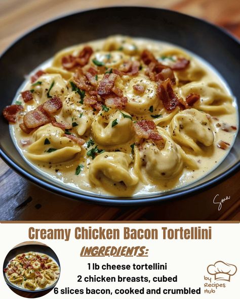 Creamy Chicken Bacon Tortellini Creamy Bacon Tortellini, Bacon Chicken Tortellini, Bacon Alfredo Tortellini, Chicken Bacon Tortellini Recipes, Costco Cheese Tortellini Recipes, Chicken Tortellini Dinner Recipes, One Pot Chicken Tortellini, What To Do With Tortellini, Dried Tortellini Recipes