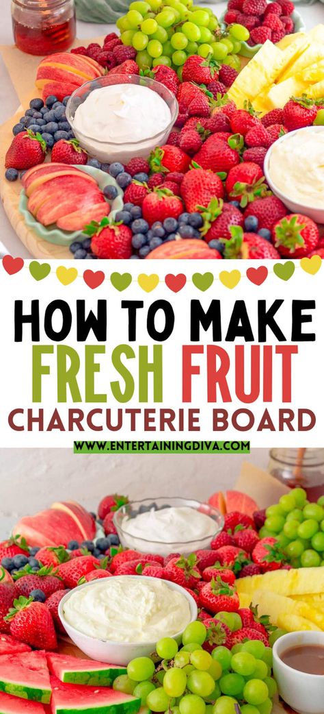 Here’s a step-by-steo guide showing you how to make a fresh fruit charcuterie board. It makes the most delicious and colorful appetizer idea for any special occasion. How To Make A Fruit Charcuterie Board, Breakfast Fruit Board, Fresh Fruit Charcuterie Board, Charcuterie Board Fruit And Cheese, Fruit Board Platter, Fruit Ideas For Party, Baby Shower Fruit Ideas, Fresh Fruit Ideas, Charcuterie Fruit Board