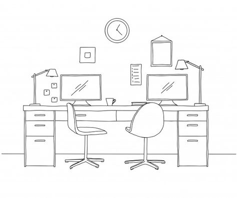 Sketch the room. office chair, desk, var... | Premium Vector #Freepik #vector #computer #line #office #table Desk Drawing Sketch, Study Table Drawing, Room Desk Chair, Desk Sketch, School Computer Room, Office Sketch, Computer Sketch, Desk Drawing, Table Sketch