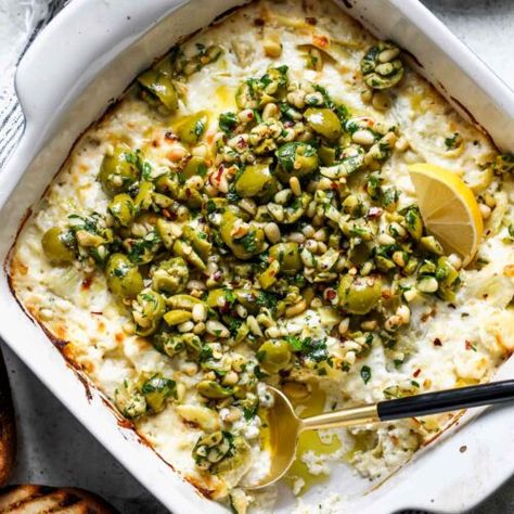 Baked Feta and Artichoke Dip with Olive Gremolata - Dishing Out Health Artichoke Pasta, Baked Feta, Party Dip, Feta Dip, Sandwich Spread, Artichoke Dip, Appetizer Dips, Appetizer Snacks, How To Cook Pasta