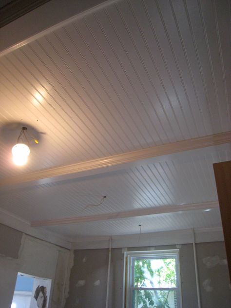 basement ceiling idea. remove drop ceiling, paint beams white and put up bead board panels between beams. Remove Drop Ceiling, Vinyl Beadboard, Painted Beams, Ceiling Paint, Basement Inspiration, Beadboard Ceiling, Drop Ceiling, Basement Ceiling, Basement Makeover