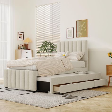 PRICES MAY VARY. ★ Modern Upholstered Platform Bed: The classic tufted bed frame is beautiful and comfortable with a fine linen finish. The platform bed will suit any home decor and add a modern sense of style to your bedroom, making them the perfect companion for small living spaces. ★ Twin Bed with Trundle & Drawers: Three storage drawers with ungrounded tracks are more convenient and dust proof, perfect for storing bedroom items. The twin trundle bed provides kids or guests with a both cozy a Wood Twin Bed, Platform Bed With Trundle, Twin Trundle Bed, Linen Headboard, Bed With Trundle, Twin Platform Bed, Twin Bed Frame, Wood Bed Frame, Bed Frame With Storage