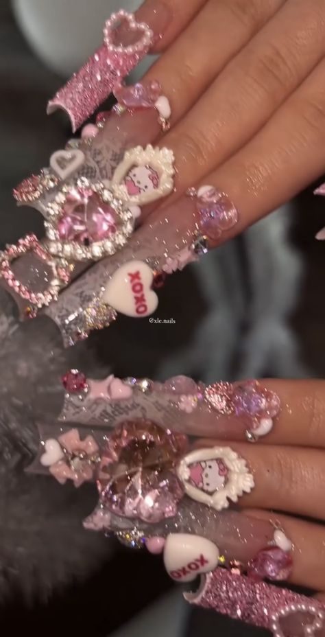 Long Girly Nails, Pink Gyaru Nails, Ugly Nails Weird, Crazy Core, Pink Junk Nails, Charms Nails, Junk Nails, Hello Nails, Hello Kitty Nails