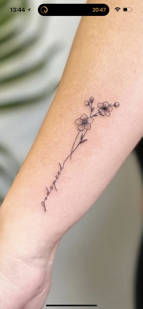 Writing In Stem Of Flower Tattoo, Floral Writing Tattoo, Sentimental Flower Tattoos, Flower Tattoo Words As Stem, Flower Words Tattoo, Flower Signature Tattoo, Flowers Into Words Tattoo, Quote Into Flower Tattoo, Always Tattoo With Flowers