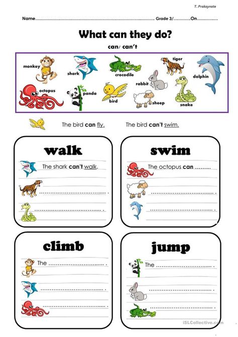 Here's a fun worksheet for students to be able to write sentences about animals with a grammar focus on can and can't. English Grammar For Kids, Grammar For Kids, English Activities For Kids, English Exercises, Learning English For Kids, Basic English, English Worksheets For Kids, Kids English, 1st Grade Worksheets