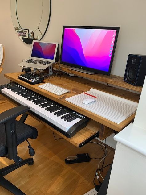 Home Music Studio Ideas, Music Studio Desk, Piano Desk, Keyboard Desk, Music Corner, Desk With Keyboard Tray, Studio Desk, Keyboard Tray, Piano Room