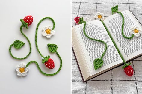 Cupcake Bookmark Crochet, Crochet Book Marks Free Pattern Easy, Crochet Book Marks Free Pattern, Marque Page Crochet, Crochet Souvenirs, Strawberry Crochet Pattern, Amigurumi Bookmark, Strawberry Amigurumi, Strawberry Bookmark