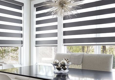 Modern Window Blind, Outdoor Blinds Patios, Persiana Sheer Elegance, Automatic Blinds, Patio Blinds, Modern Blinds, Zebra Blinds, Living Room Blinds, Dining Room Windows