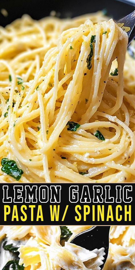 This Lemon Garlic Pasta with Spinach is a light and refreshing dish you’ll love! 🍝🍋 Perfect for summer dinners or a simple, nutritious meal. Ready in just 20 minutes! ⏱️ #QuickPastaRecipes #SpinachLovers #HealthyPasta #SimpleMeals Creamy Lemon-garlic Spaghetti & Spinach, Pasta And Spinach Recipes Easy Dinners, Spinach And Pasta Recipes Simple, Pasta Dishes Meatless, Pasta With Cilantro, Cheesy Spinach Pasta, Dinners With Spinach, Spinach And Pasta Recipes, Pasta And Spinach Recipes