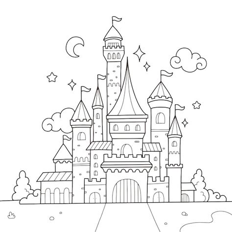 Castle Drawing Easy, Disney Castle Drawing, Fairytale Drawings, Drawing Angel, Apple Pencil Drawing, Castle Sketch, Chateau Disney, Drawing Apple, Castle Coloring Page