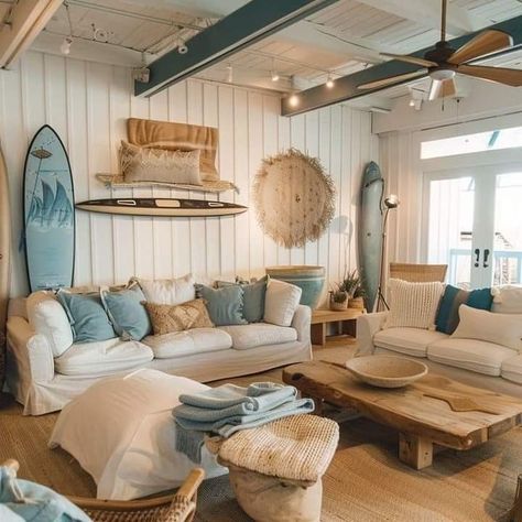 Country Coastal Home, Old Beach House Aesthetic, Beachy Living Room Coastal Style, Beachy Farmhouse Living Room, Beach House Interior Living Room, Coastal Farmhouse Living Room Ideas, Surf Interior Design, Beachy Interior Design, Beach House Inspiration