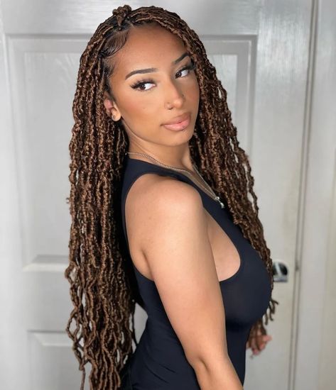 Brown Blonde Faux Locs, Medium Length Distressed Soft Locs, Locs Hairstyles Brown, Long Fox Locs, Color 4 Soft Locs, Chocolate Brown Faux Locs, Dark Brown Faux Locs, Dark Brown Soft Locs, Blond Soft Locs