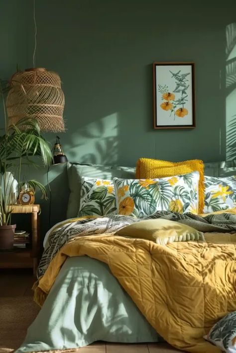 Sage And Yellow Bedroom, Sage Green And Gold Bedroom, Green Yellow Bedroom, Calming Bedding, Yellow And Green Bedroom, Green And Yellow Bedroom, Green And Orange Bedroom, Bedroom Color Scheme Ideas, Bedroom Color Palette