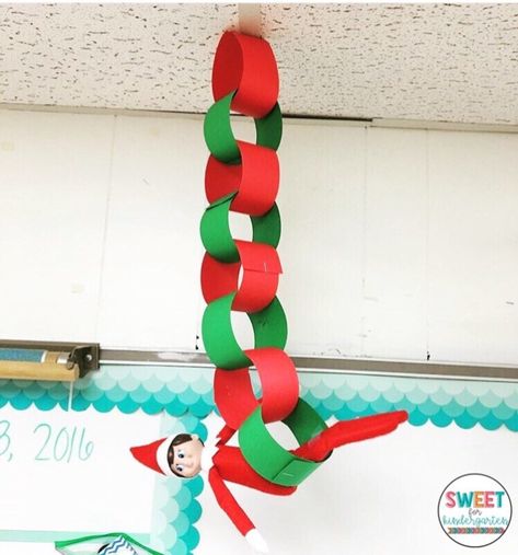 15 Easy Ideas for Elf on the Shelf in your Classroom | Sweet for Kindergarten Preschool Elves, Candy Cane Scavenger Hunt, Elf Classroom, Classroom Shelves, Elf Ideas Easy, Awesome Elf On The Shelf Ideas, Elf Activities, Elf Antics, Elf Fun