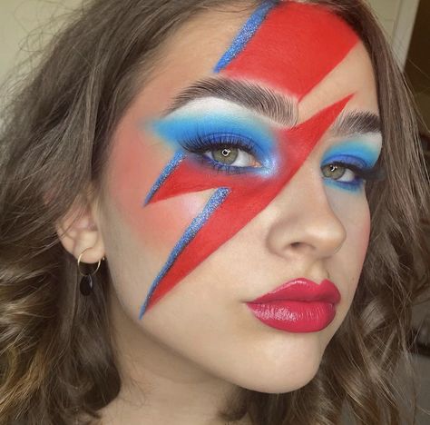 Lightning Bolt Makeup Eye, David Bowie Face Paint, David Bowie Fancy Dress, Ziggy Stardust Costume Women, David Bowie Halloween Costume Ziggy Stardust, David Bowie Ziggy Stardust Costume, 80 Makeup 80s Party Glam Rock, David Bowie Lightning Bolt Makeup, David Bowie Makeup Ziggy Stardust