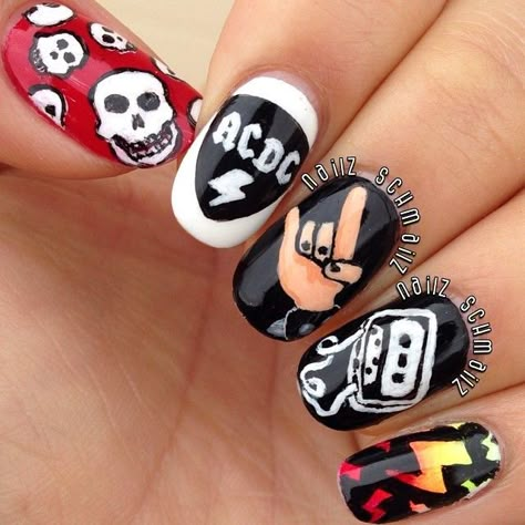 musical themed nail art Rock Band Nail Designs, Ac Dc Nails, Music Themed Nails, Rock And Roll Nails Design, Acdc Nails, Vaycay Nails, Nail Men, Rock Nail Art, Music Nail Art