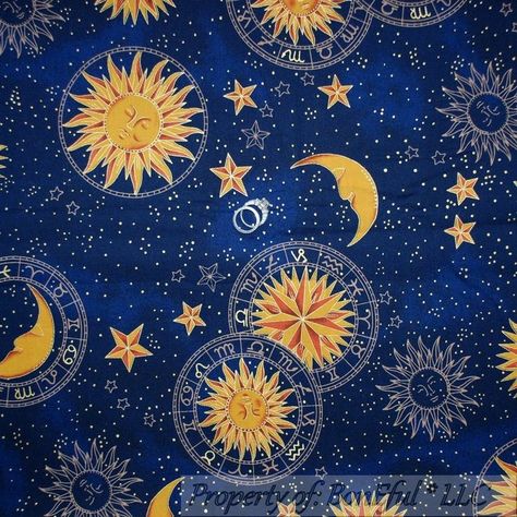 BonEful Fabric FQ Cotton Quilt Navy Blue Gold VTG Celestial Moon Star Sun Planet Ravenclaw Aesthetic, Gold Aesthetic, Sun Moon Stars, Celestial Art, British Library, Space And Astronomy, Sun And Moon, Ravenclaw, Kingdom Hearts