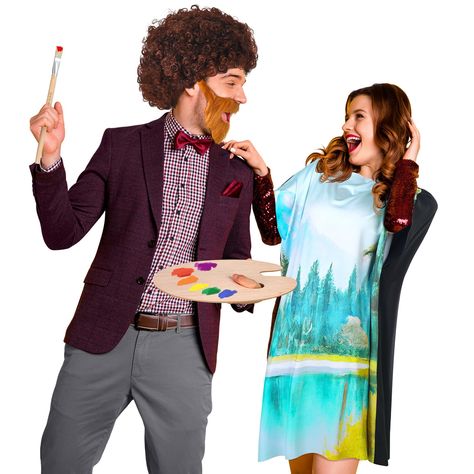 Painter Costume, 80s Painting, Brown Afro, Cool Couple Halloween Costumes, Funny Couple Costumes, Fake Beards, Best Couples Costumes, Friend Costumes, Afro Wig