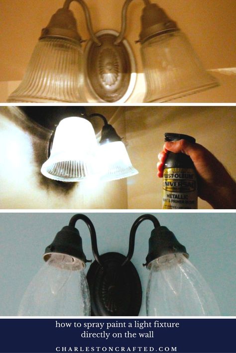 How to Update a light fixture with spray paint - without taking it off the wall! charleston crafted Spray Painting Light Fixtures, Half Bathroom Makeover, Sink Makeover, Pretty Bath, Light Fixture Makeover, Painting Light Fixtures, House Improvement, Diy Light Fixtures, Painting Light