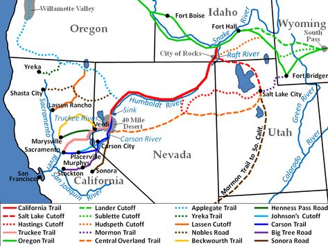 (1820-1860) Western Trails Nevada Ghost Towns, Central Pacific Railroad, Transcontinental Railroad, Donner Party, California Trail, Truckee River, Western Trail, Genealogy Records, Missouri River