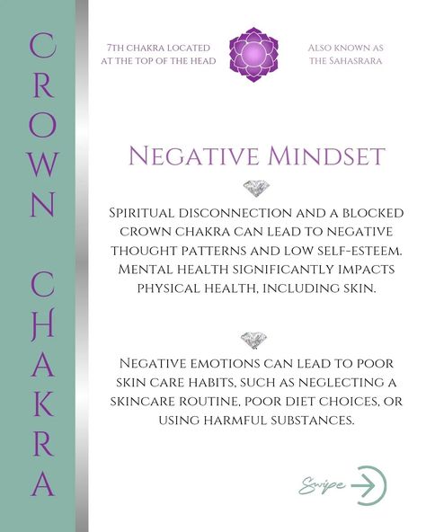 💜✨The Crown Chakra, also known as Sahasrara, is the 7th Chakra located at the top of the head. It is associated with spiritual connection, enlightenment, and a sense of unity with the universe. When the Crown Chakra is blocked or imbalanced, it can lead to various physical, emotional, and spiritual issues. Although the Crown Chakra is not directly connected to physical organs like the other chakras, its blockage can still impact skin health through several pathways, as explained in this post.... The Crown Chakra, Low Self Esteem, Spiritual Connection, Negative Emotions, Crown Chakra, Self Healing, Physical Health, Negative Thoughts, Skin Health