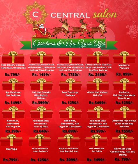 Grab exclusive Christmas and New Year offer today only at Central Salon
Book your appointment for amazing services now at 9930912119 Hair Salon Christmas Open House, Christmas Salon Offers, Book Your Christmas Hair Appointment, Holiday Hair Appointment Reminder, 12 Days Of Christmas Salon Promotion, Global Hair Color, D Tan, Spa Manicure, New Year Offers