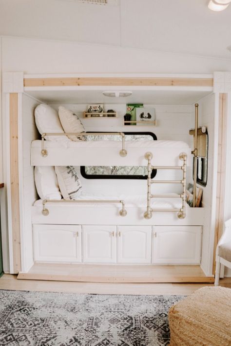 Bunk house in slide! (thearrowanglers) Rv Bunk Beds Ideas, Rv Bunk Beds, Modern Bunk Beds, Camper Trailer Remodel, Caravan Renovation, Diy Camper Remodel, Rv Renovations, Camper Makeover, Camper Living