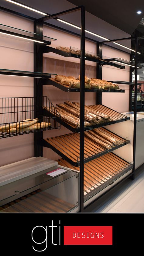 The Urban Bread Rack is an extremely customizable self service merchandiser for breads and prepackaed bakery goods. Options for shelving, size, and color available. Bakery Wall Display, Bakery Rack Display, Bread Rack Display, Bakery Furniture, Display Wall Design, Bar Furniture Design, Bakery Shop Interior, Bread Display, Bakery Goods