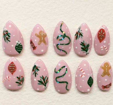 Disney Nails Thanksgiving, Cake Frosting Nails, Nontraditional Christmas Nails, Funny Bunny Christmas Nails, Christmas Stamp Nails, Short Christmas Nails Pink, Fun Christmas Nails Acrylic, Sugar Cookie Nails, Pink Christmas Tree Nails