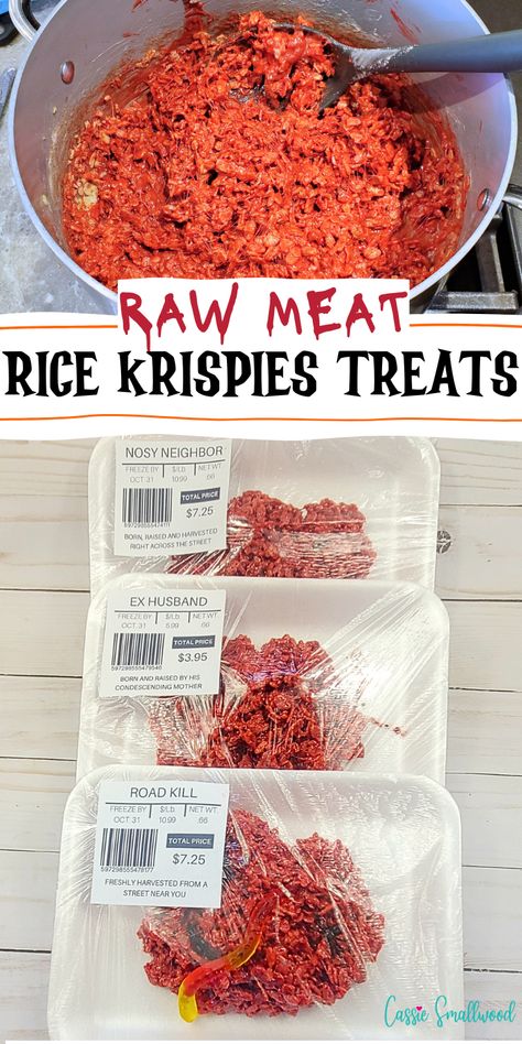 Raw meat rice krispies treats gross Halloween party food idea Halloween Brain Rice Crispies, Raw Meat Rice Krispie Labels, Rice Krispie Raw Meat, Halloween Food Ideas Gross, Halloween Food Gift Ideas, Ground Beef Rice Krispie Halloween, Brains Rice Krispie Treats, Hamburger Rice Krispie Treats, Ground Beef Rice Krispie Treats