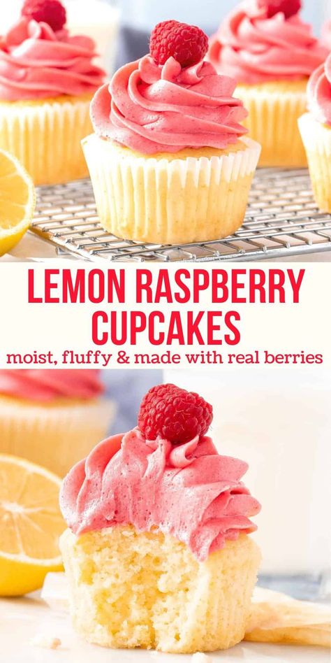 These lemon raspberry cupcakes are fluffy, moist, and bursting with fresh flavors. They start with lemon cupcakes that have a soft crumb and a bright lemon flavor. Then they're topped with creamy raspberry frosting that's made with real berries. The flavor combination makes these a showstopper! #lemon #cupcakes #raspberry #raspberryfrosting #cake #spring #easter #recipe from Just So Tasty Raspberry Lemon Cupcakes Easy, Easter Lemon Cupcakes, Lemon Cupcakes With Raspberry Buttercream, Rasberry Lemonade Cupcake, Lemon Cupcakes With Raspberry Frosting, Cupcake Recipes Fruit, Easter Cupcakes Flavors, Gluten Free Lemon Raspberry Cupcakes, Easter Cupcake Flavor Ideas