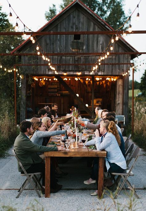 A fall gathering for the season to inspire a gathering with those you love. Simple table decor for fall. More on The Fresh Exchange with Megan Gilger. Outdoor Dinner Parties, Outdoor Dinner, Design Hotel, Paver Patio, A Barn, Outdoor Party, Wooden Table, Outdoor Entertaining, Rehearsal Dinners