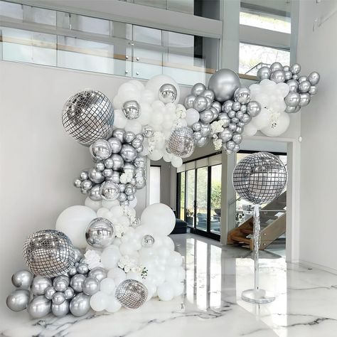 Silver Disco Birthday Party, White Prom Decorations, Large Balloon Garland, Nye Balloon Garland, Disco 1st Birthday Party, Disco Ball Balloon Arch, Disco Sweet 16 Party, White Party Decorations Birthday, Winter Birthday Party Themes