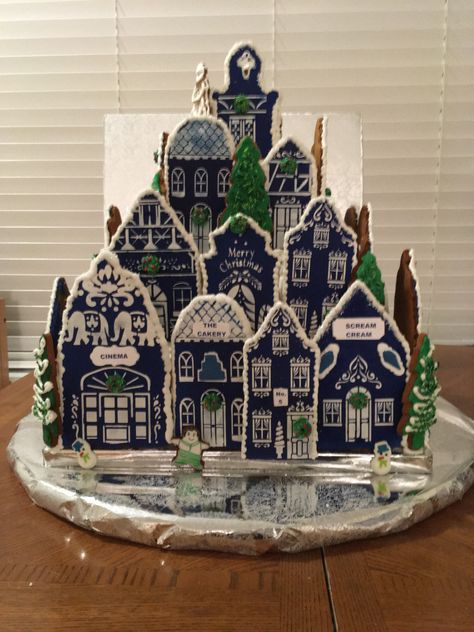 Blue And White Gingerbread House, Gingerbread House Winter Wonderland, Cookie Village, White And Blue Gingerbread House, Blue Gingerbread House, White Christmas Village, White Gingerbread House, Gingerbread Lake House, Gingerbread Town