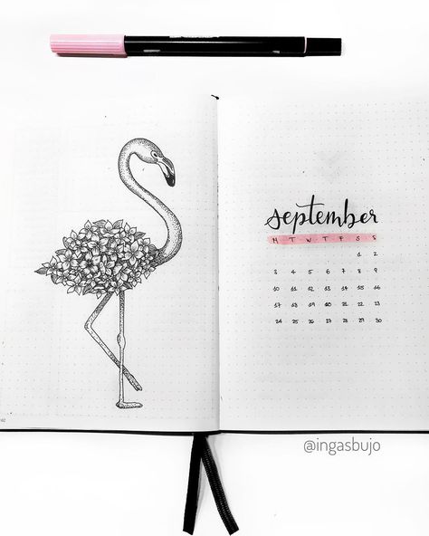 September bujo monthly spread with my big flower flamingo dot work drawing, and a monthly log. bulletjournaling, bujo, bullet journal ideas, bullet journal drawing Bujo Monthly Spread, Bullet Journal Headers, Bullet Journal Month, My September, Bullet Journal Cover Page, Journal Project, Sketchbook Art Journal, Bullet Journal Layout, Journal Layout