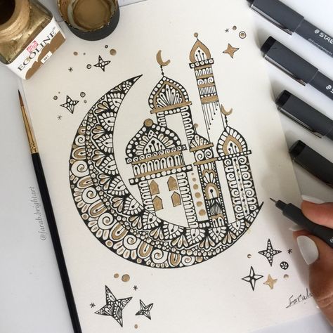 #Ramadan #artwork #mandala #mandalaart #moon #zentangle #art #fun #blackandgold Ramadan Drawing Ideas, Masjid Painting, Ramadan Drawing, Holiday Drawings, Achieving Dreams, Mandala Drawings, Dreams Quotes, Mandala Book, About Ramadan