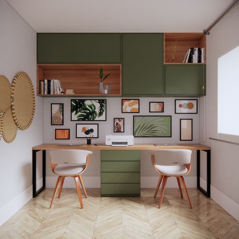 Work Space Design Office, Small Dual Office, Small Double Office Ideas, Mid Century Modern Studio Apartment, Office For Two People Layout, Office For Two People, Two Person Home Office, Colourful Home Office, Small Study Room