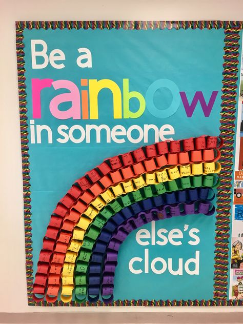 be a rainbow in someone else’s cloud bulletin board #rainbow #classroom #bulletinboard #kindness Cloud Bulletin Board Ideas, Classroom Door Rainbow, Rainbow Door Decoration, Classroom Agreements Display, Small Bulletin Board Ideas, Bulletin Board Rainbow, Spring Door Decorations Classroom, Spring Door Decorations, Cloud Ideas