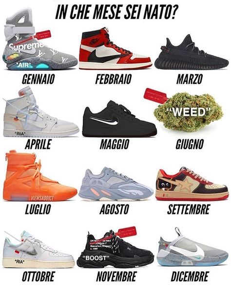 In which month were you born? 🔥👇 Italian lesson for y’all 😂🇮🇹 Follow @RockOrResell for more! - 📷:@viewsaddict #bathingape #abathingape #virgilabloh #hypebeastkicks #hypedstreets #nikeairforce1 #nikeairmax97 #preme #kickstag #kicksaddict #kickstagasm #kicksdaily #guccisneakers #bapeus #sneakerheadcartel #complexsneakers #nmds #yeezy700 #yeezy500 #yeezy350v2 #boxlogo Drippy Shoes, Kpop Challenge, Jordan Logo Wallpaper, Nike Art, Off White Nike, Blog Design Inspiration, Nike Kicks, Fly Shoes, Jordan Logo