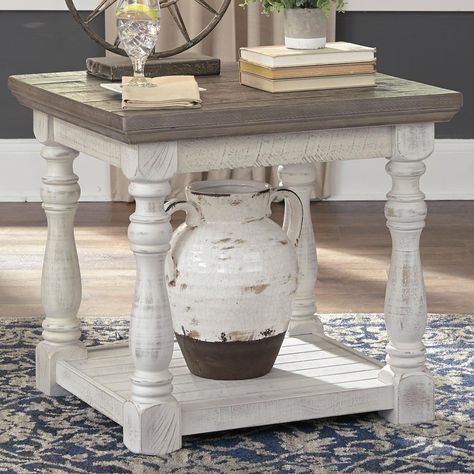 Signature Design by Ashley Havalance Rectangular End Table in Gray and White | Nebraska Furniture Mart Beachy Farmhouse Furniture, Time Signature, Repurpose Furniture, Farmhouse End Tables, Square End Table, Coastal Aesthetic, Floor Shelf, Table Farmhouse, Table Decor Living Room