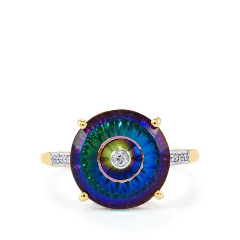 A sumptuous Ring from the Lehrer TorusRing collection, made of 9K Gold featuring 5.53cts of charming Mystic Topaz and dazzling Diamonds. Mystic Topaz Ring, 10k Gold Ring, Claw Prong, Mystic Topaz, Contemporary Jewellery, Topaz Ring, 10k Gold, Gemstone Colors, Gold Ring