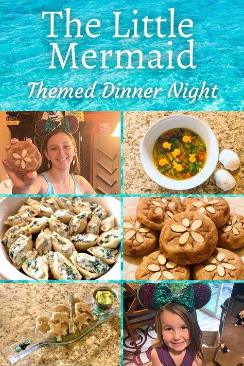 The Little Mermaid Themed Dinner Night Hook Themed Dinner, Mermaid Theme Dinner Party, Mermaid Theme Dinner, Sea Themed Dinner, Mermaid Themed Dinner, Mermaid Dinner Food, Little Mermaid Themed Food, Little Mermaid Themed Dinner, Disney Dinner Ideas