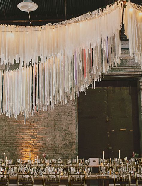 hanging fringe garlands Bg Design, Fringe Backdrops, Party Deco, Southern California Wedding, Ceiling Installation, Brooklyn Wedding, The Modern Bride, Diy Brides, Ceremony Backdrop