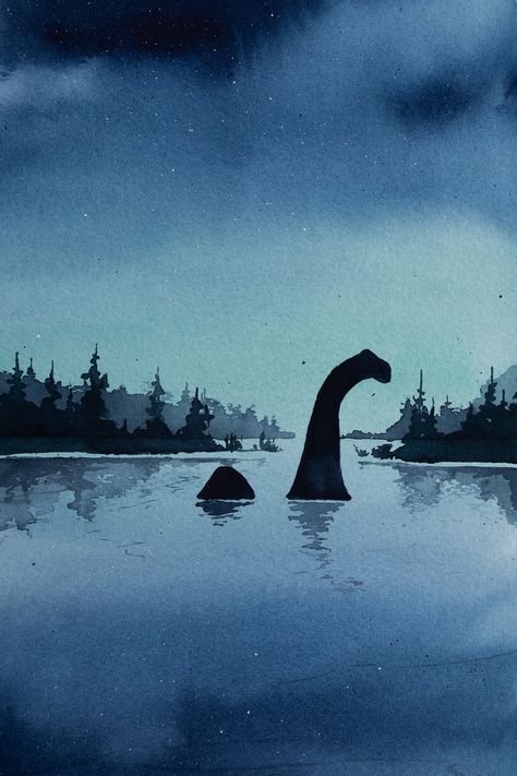 cryptid art Loch Ness Monster Painting, Nessie Painting, Cryptid Drawing Reference, Cute Cryptid Art, Cryptid Painting, Cryptic Academia, Loch Ness Monster Drawing, Cryptid Illustration, Cryptid Wallpaper