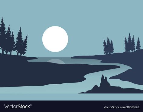 River Silhouette, Aba Classroom, Landscape Silhouette, Easy Landscape, Moon Landscape, Landscape Vector, 6th Form, Wood Illustration, River Painting