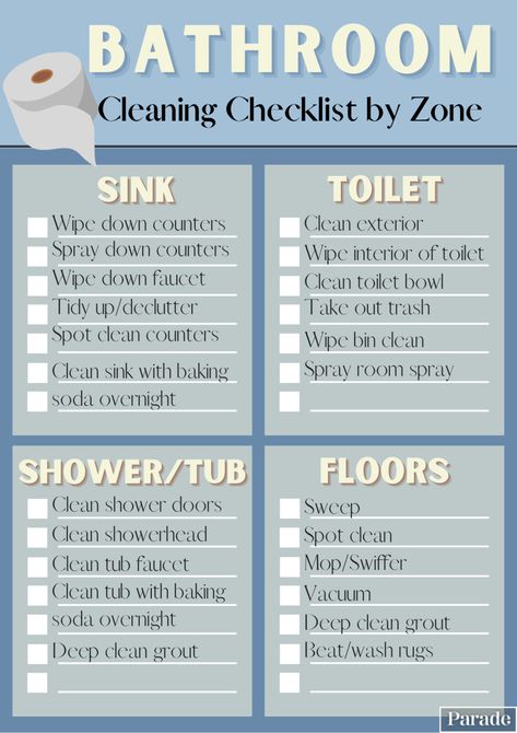 Clean Bathroom Checklist, Bathroom Deep Cleaning Checklist, Bathroom Essentials Checklist, Bathroom Checklist, Cleaning Lists, Bathroom Cleaning Checklist, Room Cleaning Tips, Deep Clean Bathroom, Cleaning Checklists