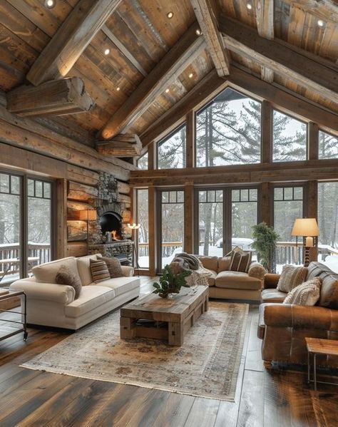 So beautiful 😍 - Attractive Log Cabins Fancy Log Cabin, Log Cabin Mansions Interior, Luxury Log Cabins Exterior, Cozy Cabin Living Room, Log Cabin Big Windows, Hewn Log Cabin, Modern Log Cabins, Cabin Living Room, Log Home Living