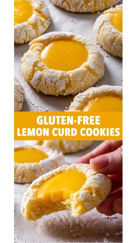 Gluten Free Lemon Curd Cookies - These are THE BEST lemon cookies you’ll ever make. They’re perfectly zesty, buttery and so tender that they simply melt in your mouth, and they’re baked with generous dollop of tangy, creamy lemon curd in the centre. And in addition to their incredible flavour, they look gorgeous as well! If you love lemon desserts, you need to try this one. Gluten free cookies. Gluten free recipes. Gluten free desserts. How to make lemon curd. Lemon crinkle cookies. Gluten Free Lemon Desserts Easy, Gluten Free Lemon Curd Cookies, Gluten Free Lemon Desserts, Best Lemon Cookies, Gluten Free Lemon Cookies, Lemon Curd Cookies, Curd Cookies, Lemon Desserts Easy, Lemon Crinkle Cookies