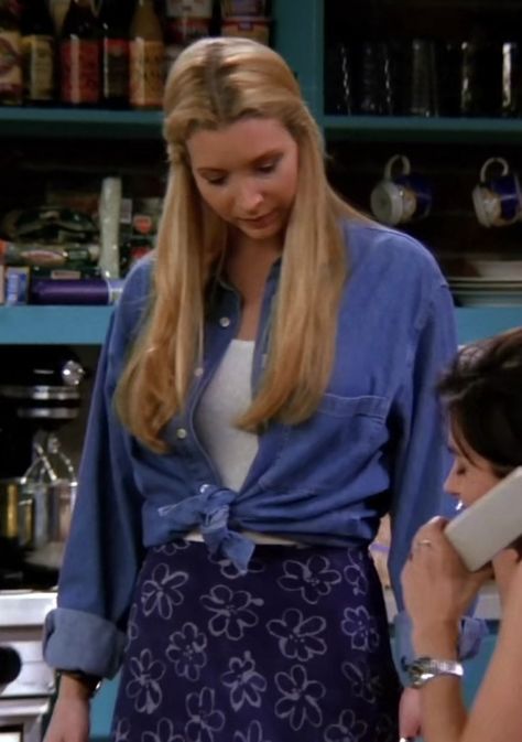 Denim overshirt, white shirt, floral blue skirt 80s Outfits Spirit Week, 90s Attire, Phoebe Buffay Outfits, 90s Dress Up, 90’s Outfits, 90s Inspired Outfits, Tied Shirt, Dress Up Day, Phoebe Buffay