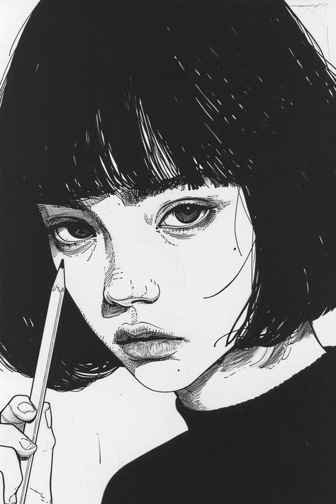 Newest visual masterpiece curated by ThetaCursed, License: CC BY-NC 4.0 Manga Face Reference, Portrait Black And White Drawing, Sketchbook Black And White, Realistic Manga, Horror Illustration, Drawing Of A Woman, Fineliner Art, Sketch Inspiration, Scary Art